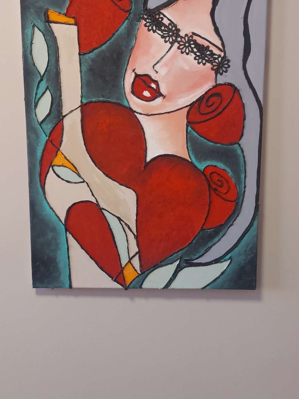 Modern Heart Woman Canvas Painting in Red and Teal